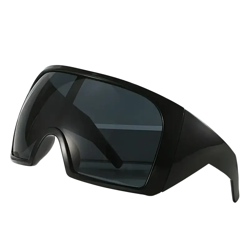 Black sleek oversized futuristic shield sunglasses for men with angular design and uv400 dark tinted lenses