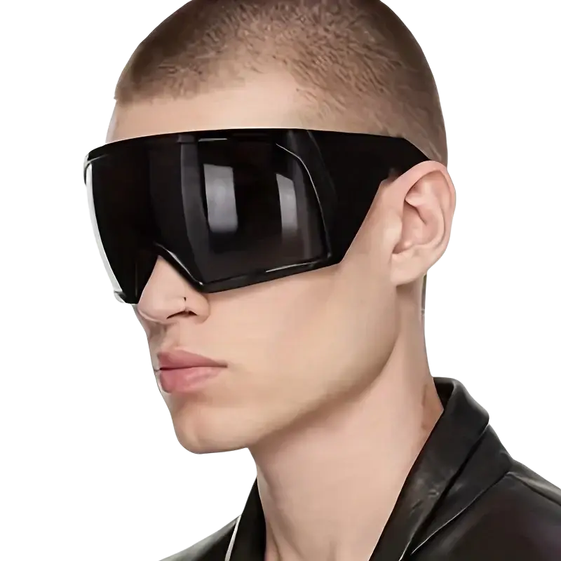 Futuristic shield sunglasses for men with uv400 protection, black sleek curved frame and dark lenses