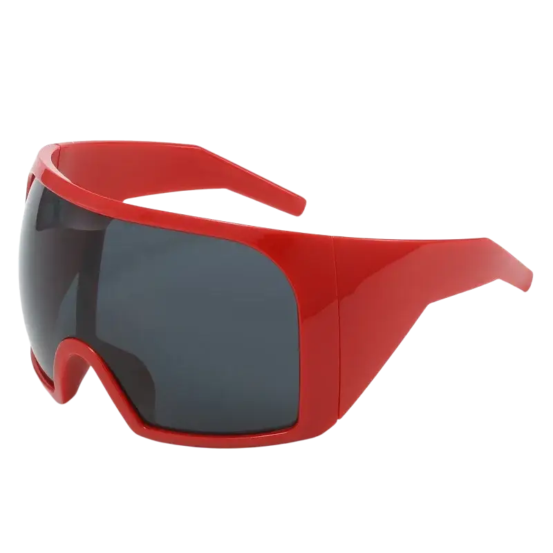 Futuristic shield sunglasses for men with vibrant red plastic frames and dark gray uv400 wraparound lenses
