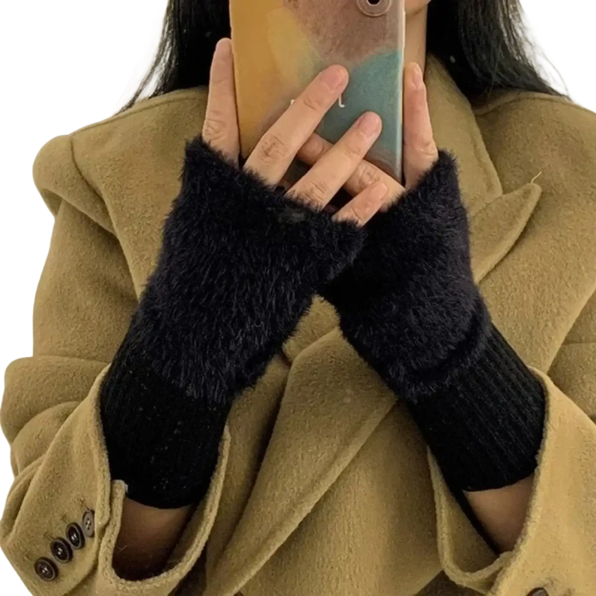 Black fuzzy fingerless knit gloves for women with ribbed knit cuff made of soft material for warmth and comfort