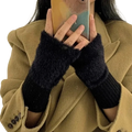 Black fuzzy fingerless knit gloves for women with ribbed knit cuff made from soft material for warmth and comfort
