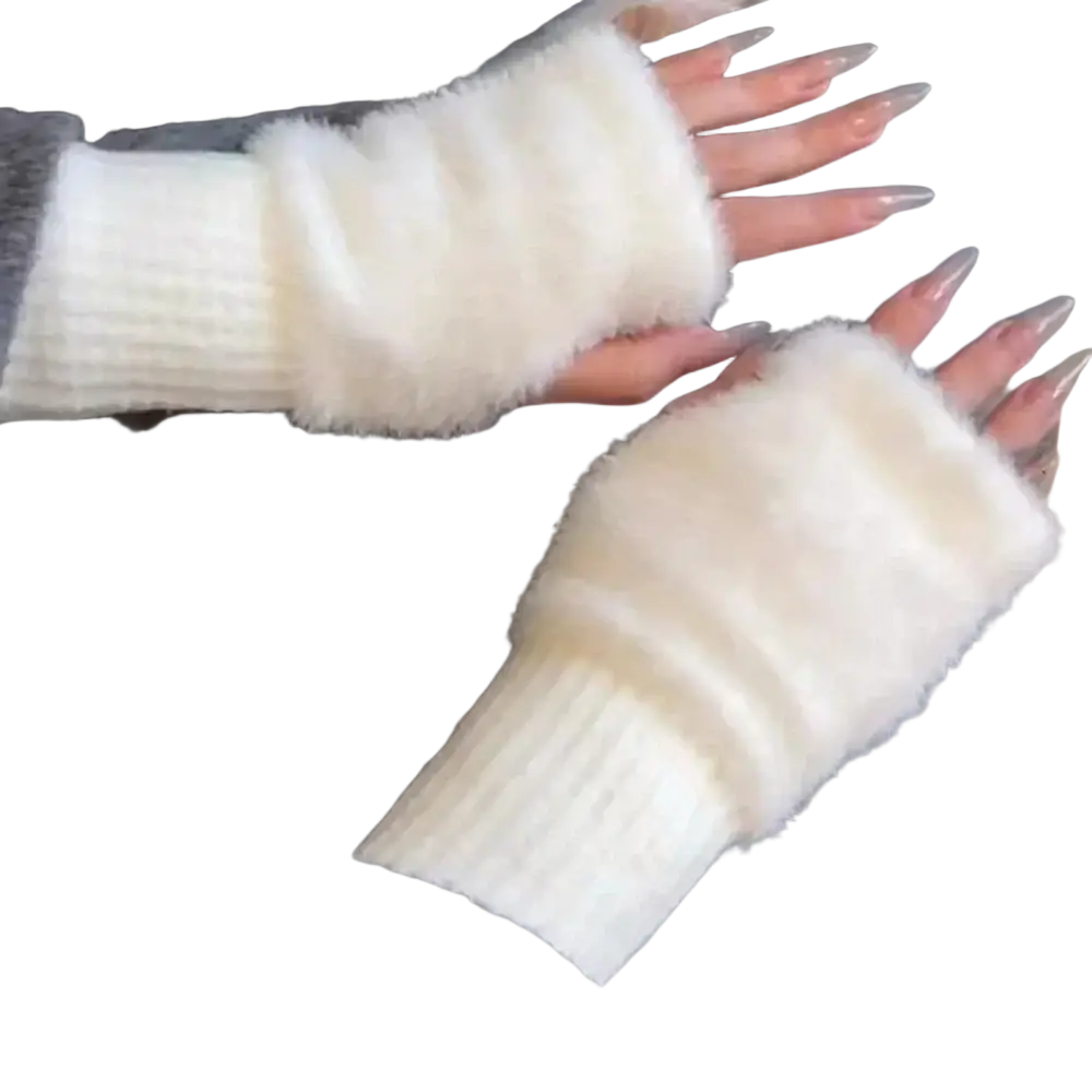 Cream-colored fuzzy fingerless knit gloves for women with fluffy texture and ribbed knit cuff for warmth and style