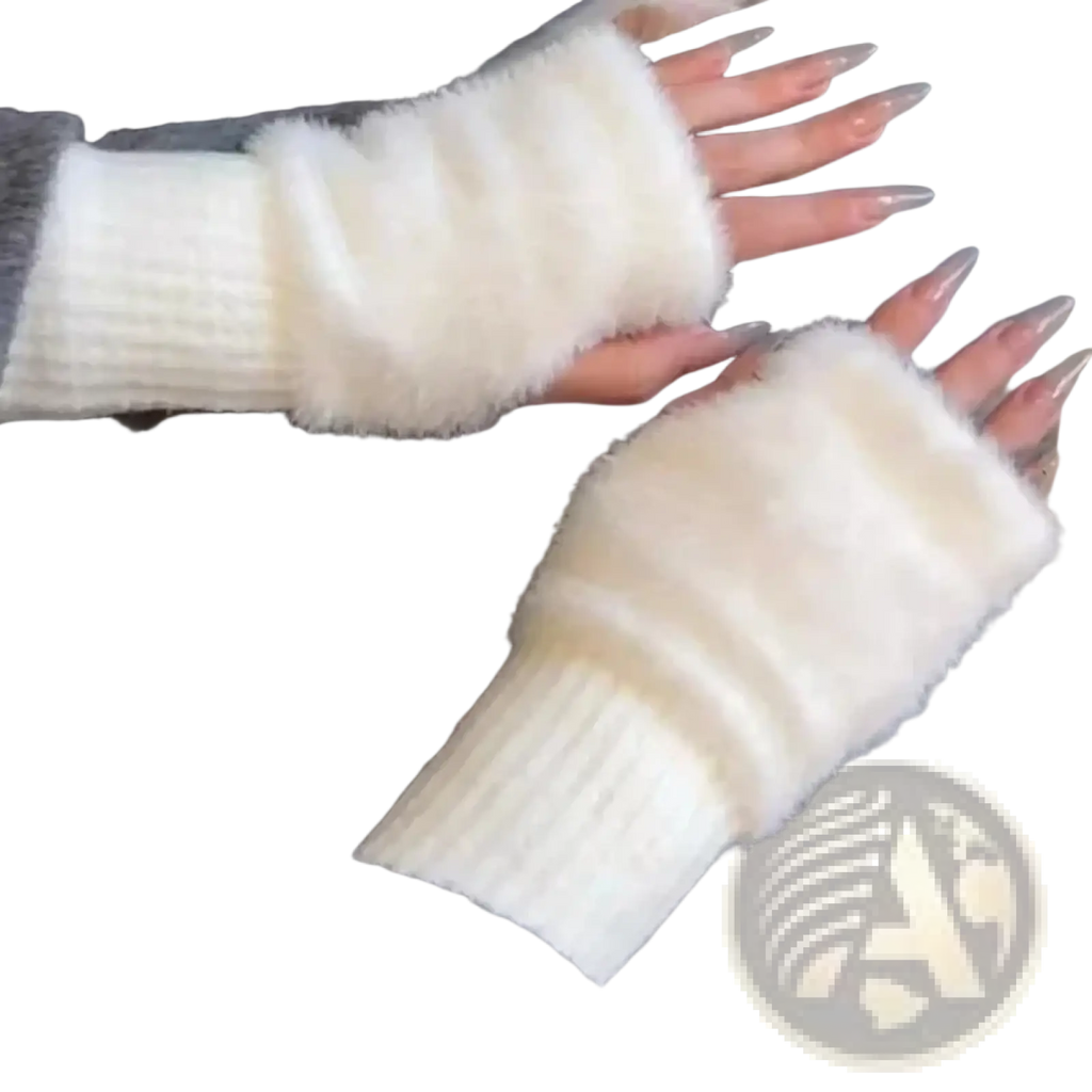 Cream-colored fuzzy fingerless knit gloves for women with fluffy texture and ribbed knit cuff for warmth and style