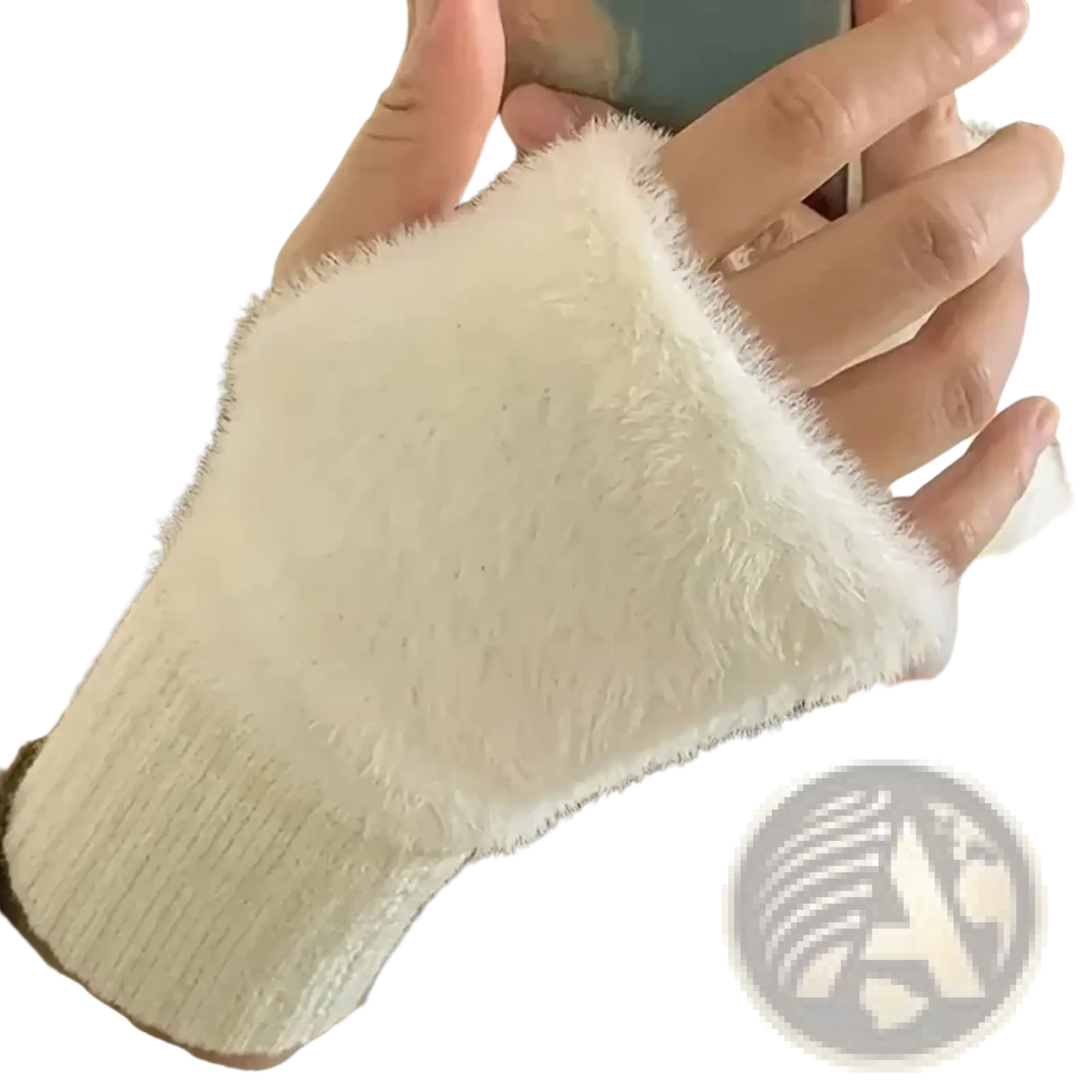 White fuzzy fingerless knit gloves for women with ribbed cuff and plush interior for warmth and comfort