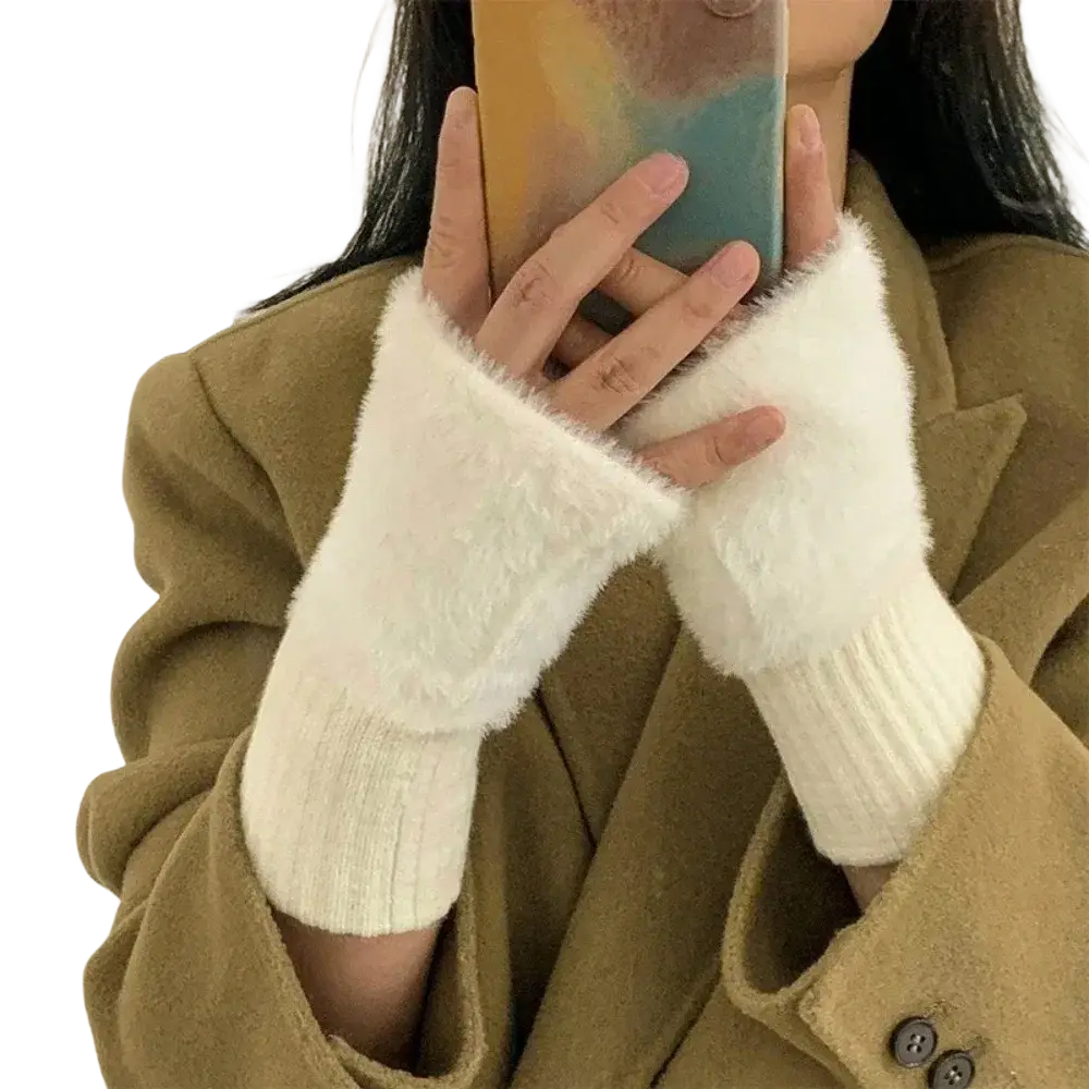 White fluffy fingerless knit gloves for women with ribbed knit cuff providing warmth and comfort