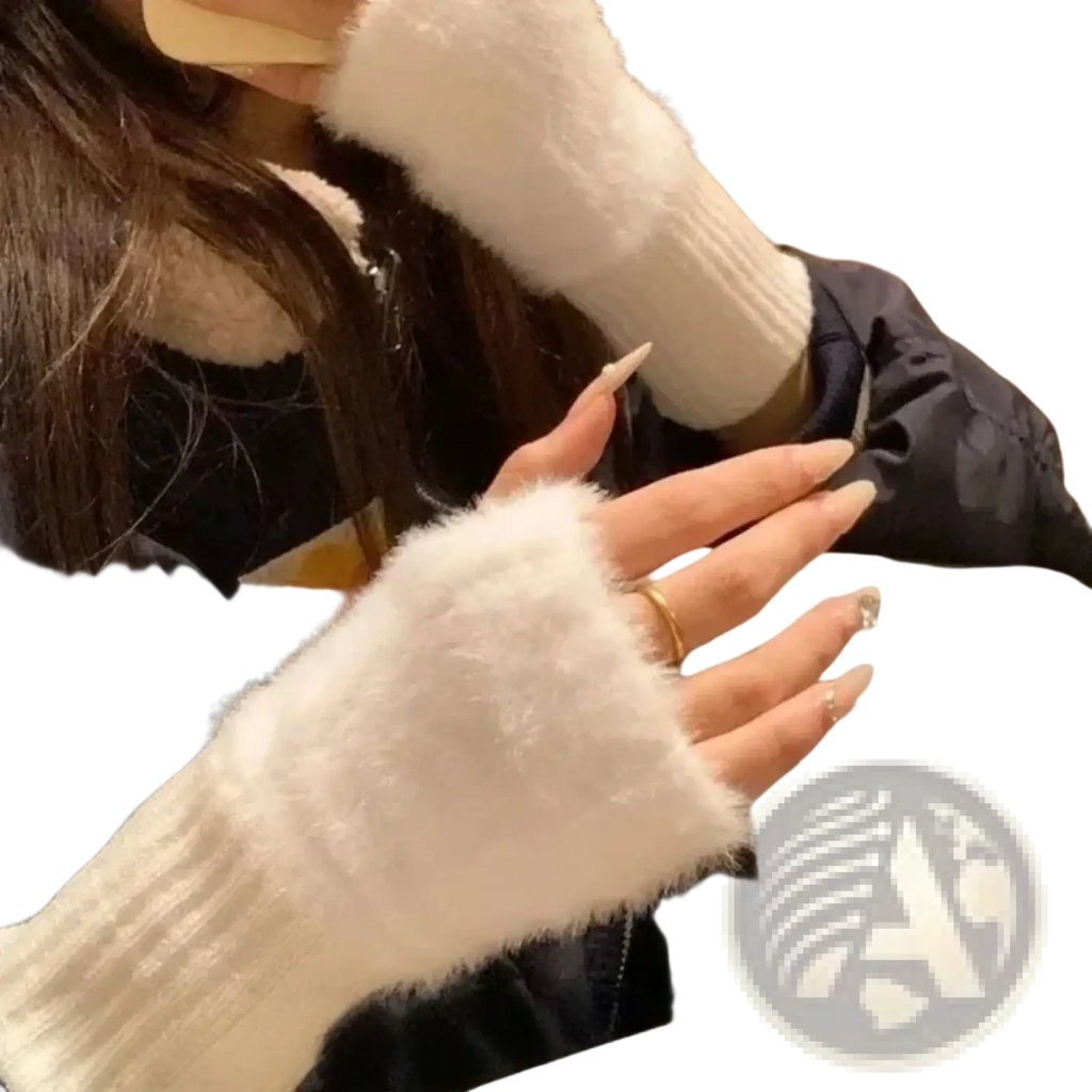 Fuzzy fingerless knit gloves for women in white fuzzy material with ribbed cuff shown from back side