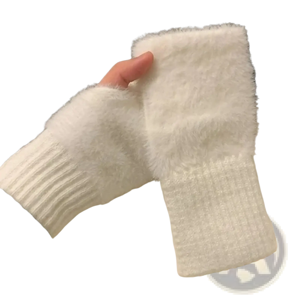White fuzzy fingerless knit gloves for women with ribbed knit cuff made from soft material for warmth and style