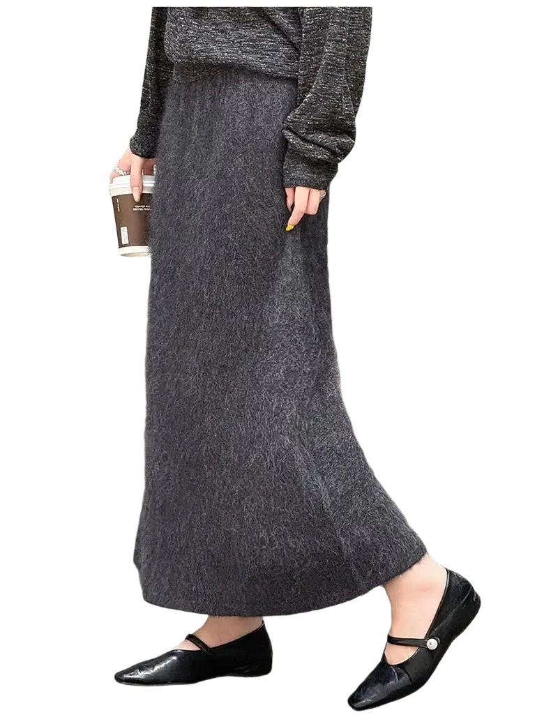 Dark gray fuzzy mohair wool a-line maxi skirt with a soft textured surface and long knit design
