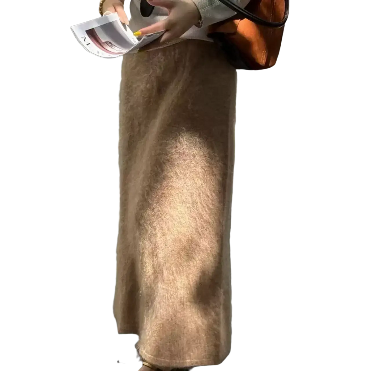 A long tan fuzzy mohair wool a-line maxi skirt with a soft plush texture and straight cut