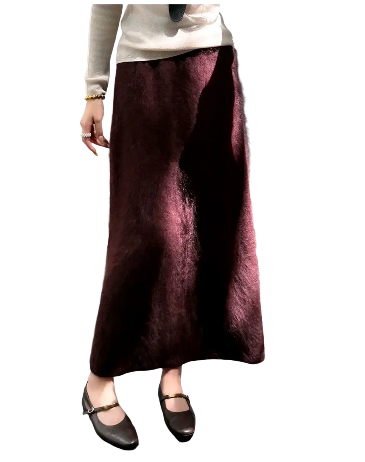 A plush deep burgundy faux fur fuzzy mohair wool a-line midi skirt with a soft fluffy texture and flowing silhouette