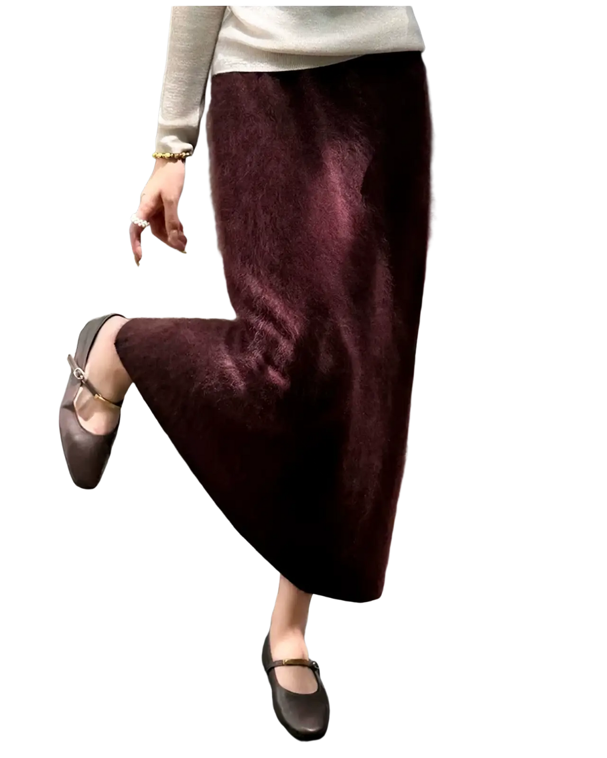 A plush deep burgundy fuzzy mohair wool a line maxi skirt with a soft texture and flowing silhouette