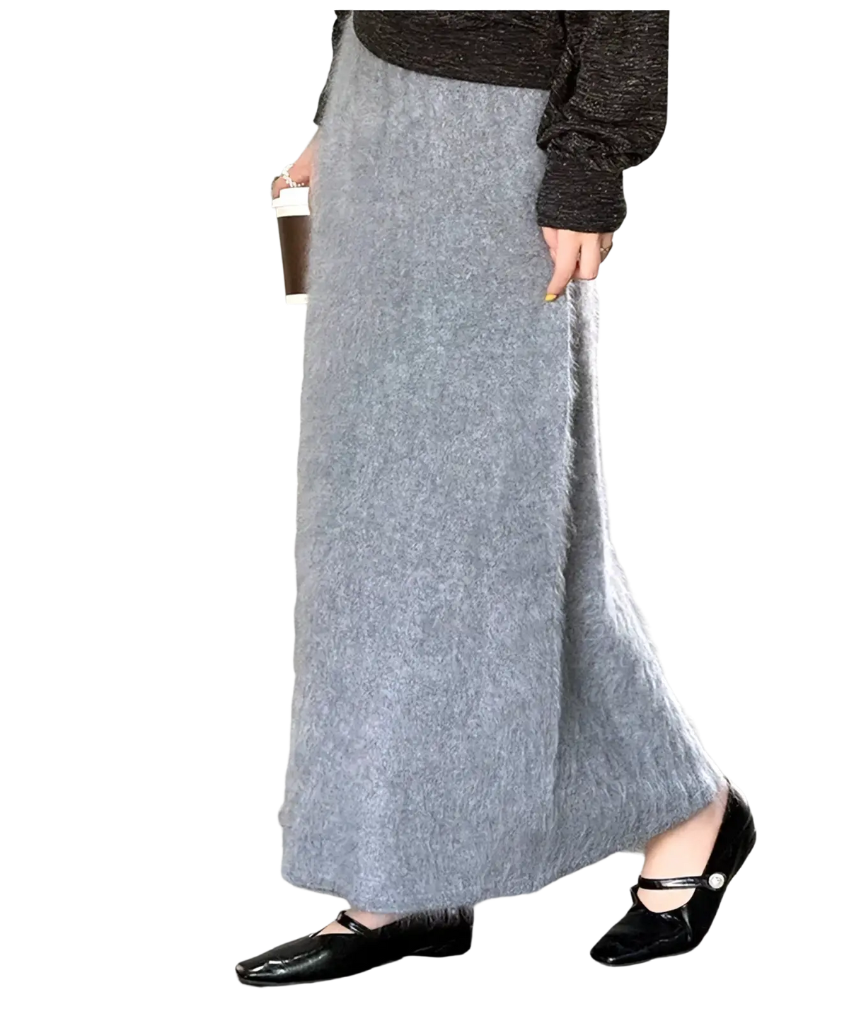 A soft gray fuzzy mohair wool a line maxi skirt with a flowing silhouette suitable for elegant occasions