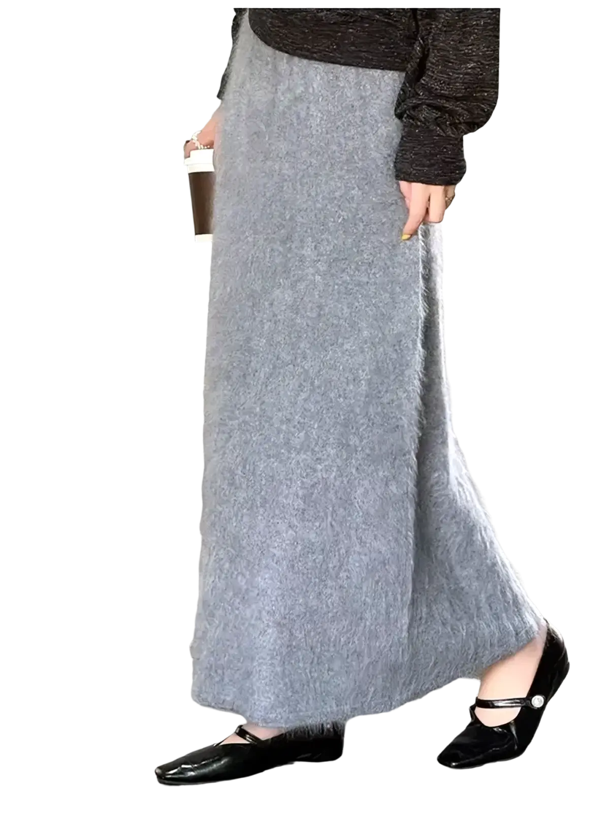 A soft light gray fuzzy mohair wool a-line maxi skirt with a flowing silhouette and knit texture
