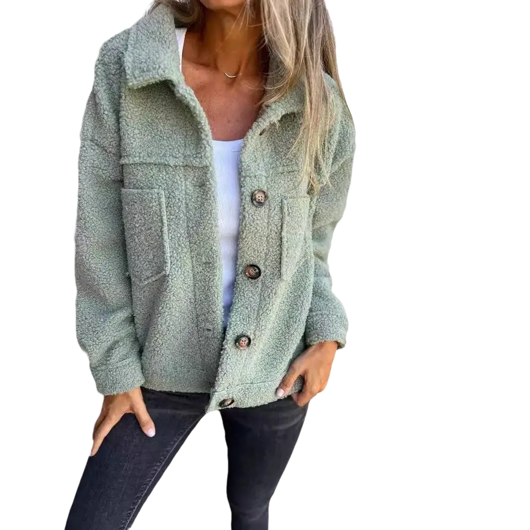 A cozy light green fuzzy teddy coat for women with plush texture and front button closure for winter warmth