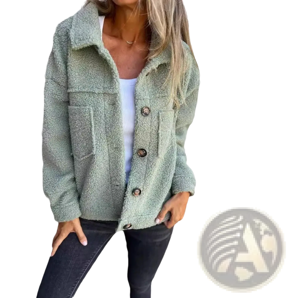 A cozy light green fuzzy teddy coat for women with plush texture and front button closure for winter warmth