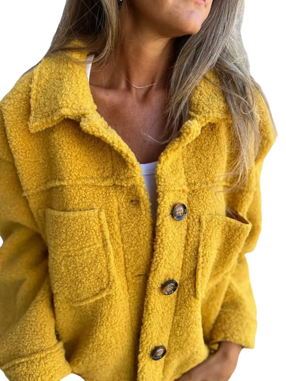 A cozy mustard-yellow fuzzy teddy coat for women with plush textured fabric and dark brown buttons for winter warmth