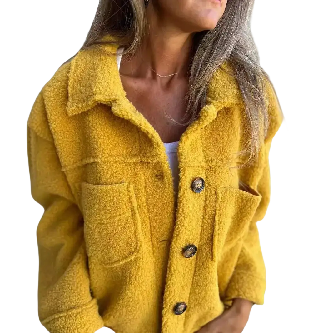 A cozy mustard-yellow fuzzy teddy coat for women with plush textured fabric and dark brown buttons for winter warmth