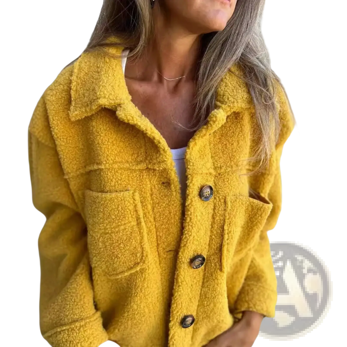 A cozy mustard-yellow fuzzy teddy coat for women with plush textured fabric and dark brown buttons for winter warmth