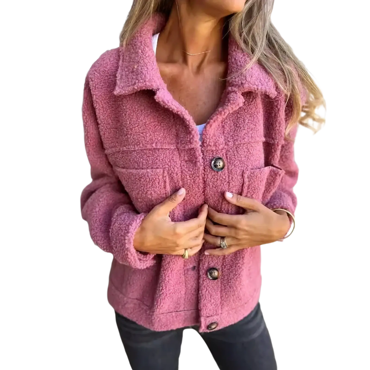 A cozy pink fuzzy teddy coat for women with a plush texture and dark brown buttons designed for winter warmth