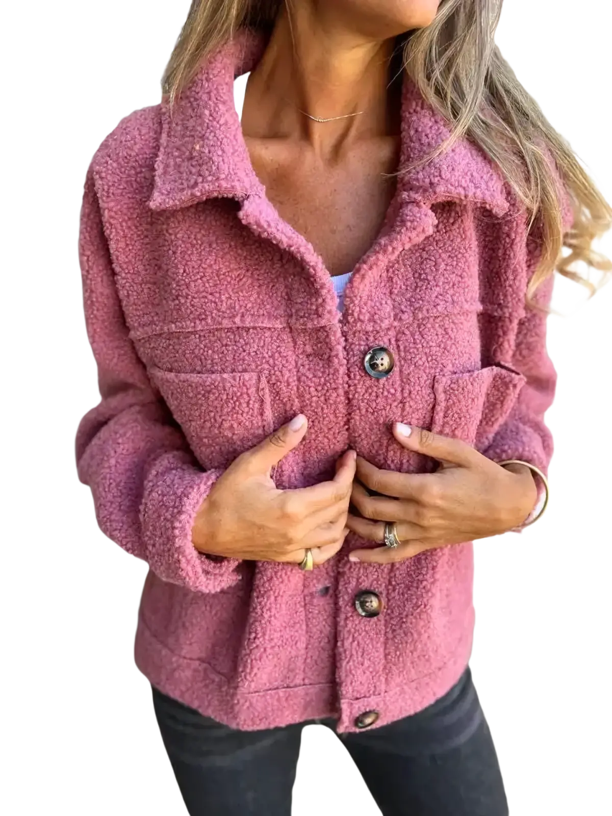A cozy pink fuzzy teddy coat for women with plush texture and dark brown buttons perfect for winter warmth