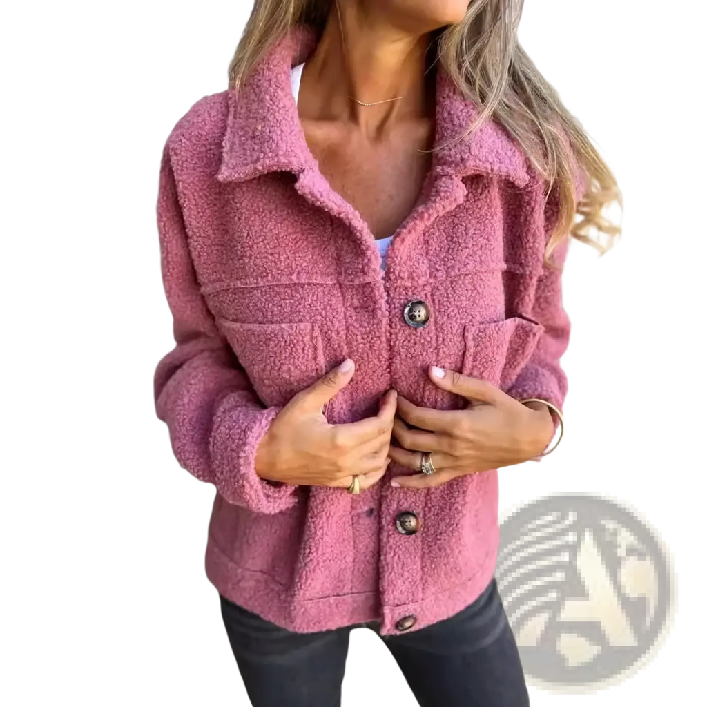 A cozy pink fuzzy teddy coat for women with a plush texture and dark brown buttons designed for winter warmth
