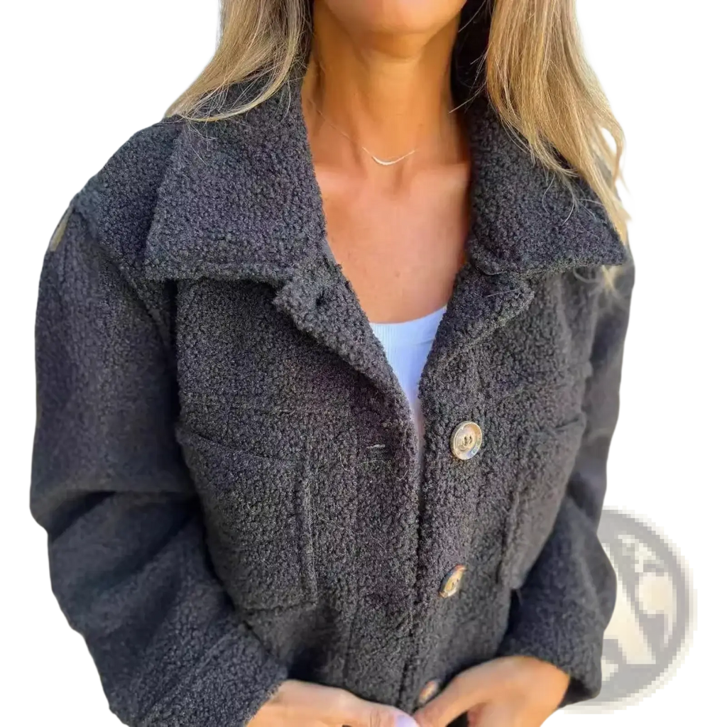 Dark gray fuzzy teddy coat for women with a wide collar and wooden buttons winter warm jacket material