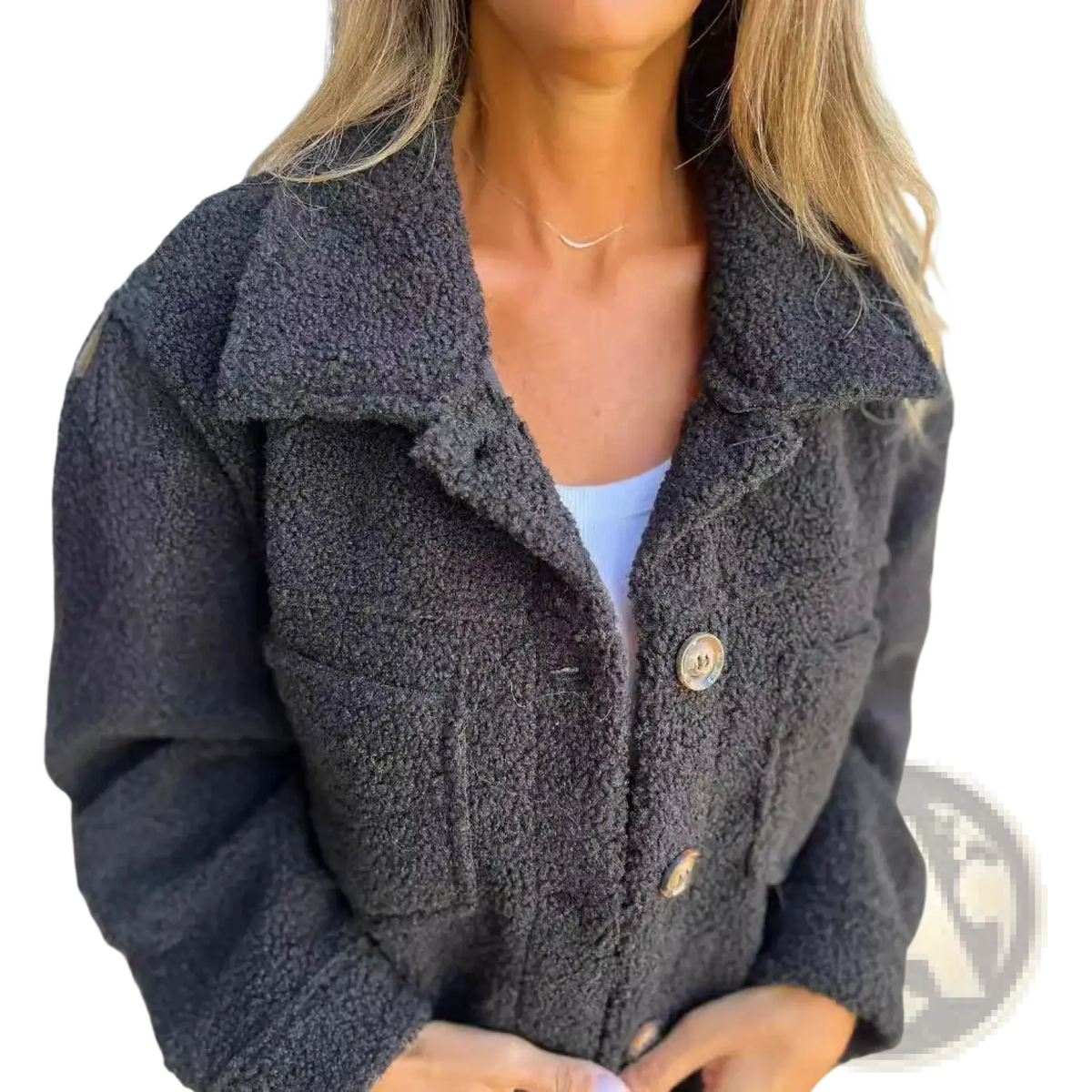 Dark gray fuzzy teddy coat for women with a wide collar and wooden buttons winter warm jacket material