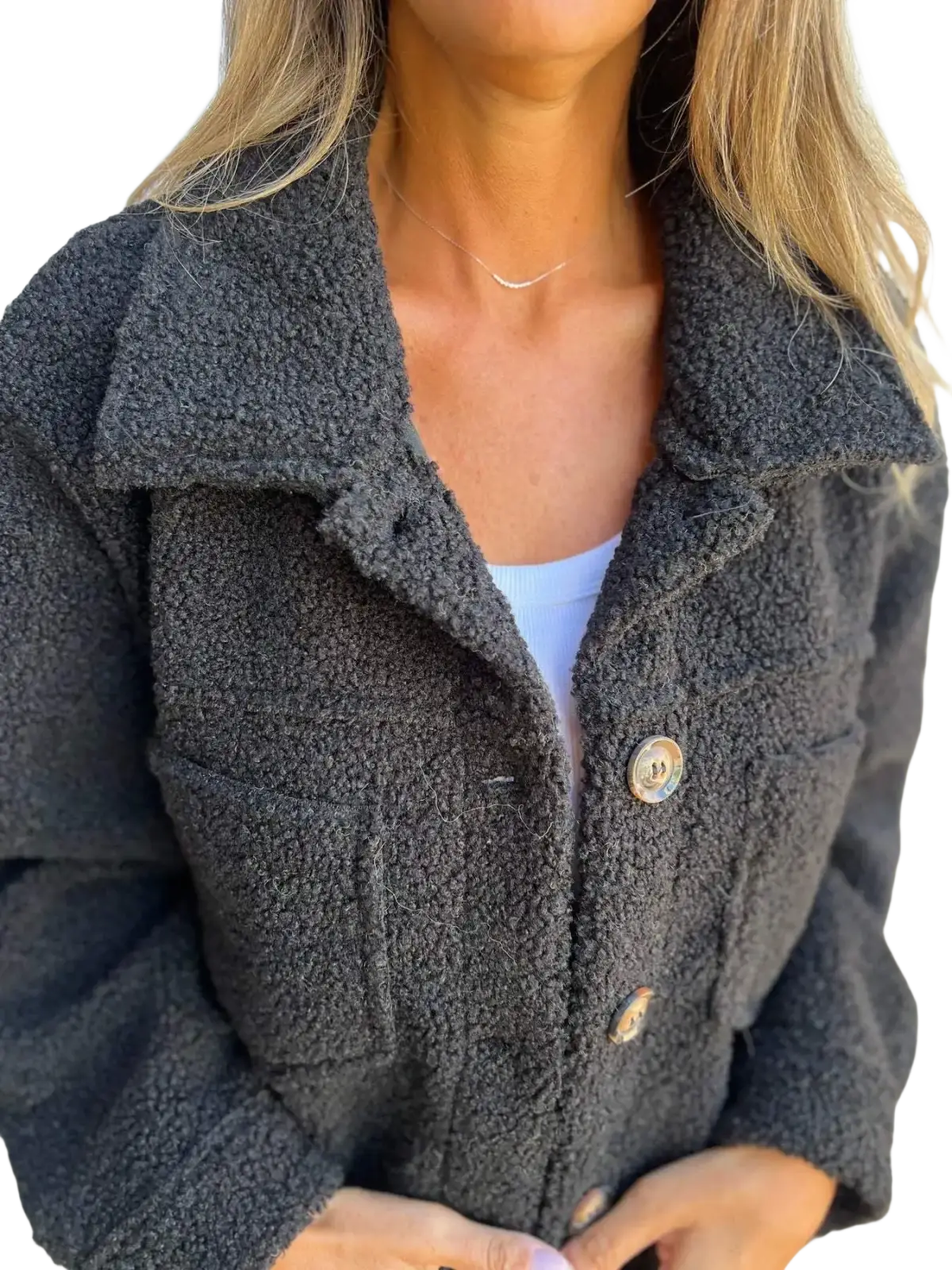 Dark gray fuzzy teddy coat women winter warm jacket with cozy textured surface and matching button closures