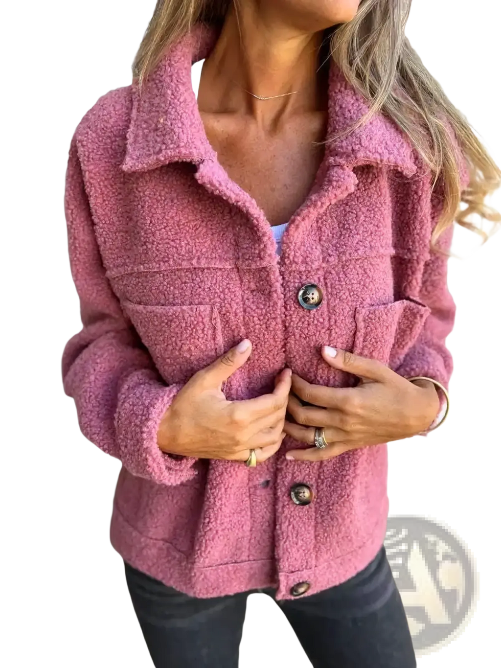A cozy pink fuzzy teddy coat for women with plush texture and dark brown buttons perfect for winter warmth