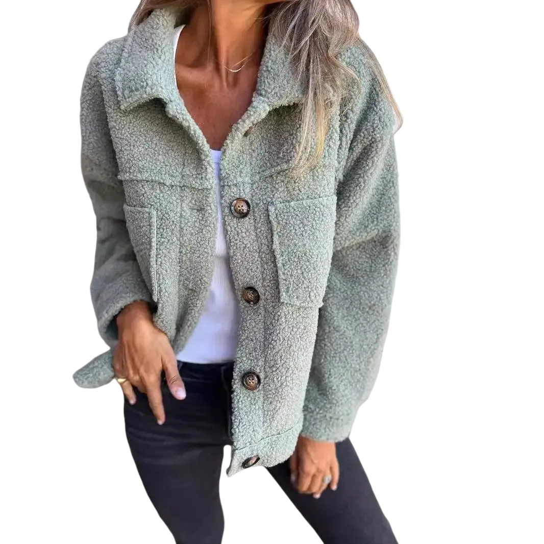 A soft mint-green fuzzy teddy coat for women with cozy fleece texture and dark brown buttons winter warm jacket