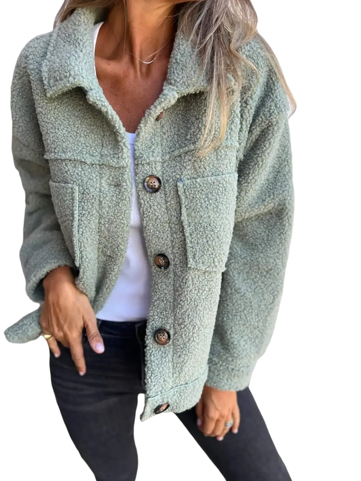 A soft mint-green fuzzy teddy coat for women with cozy fleece texture and dark brown buttons for winter warmth