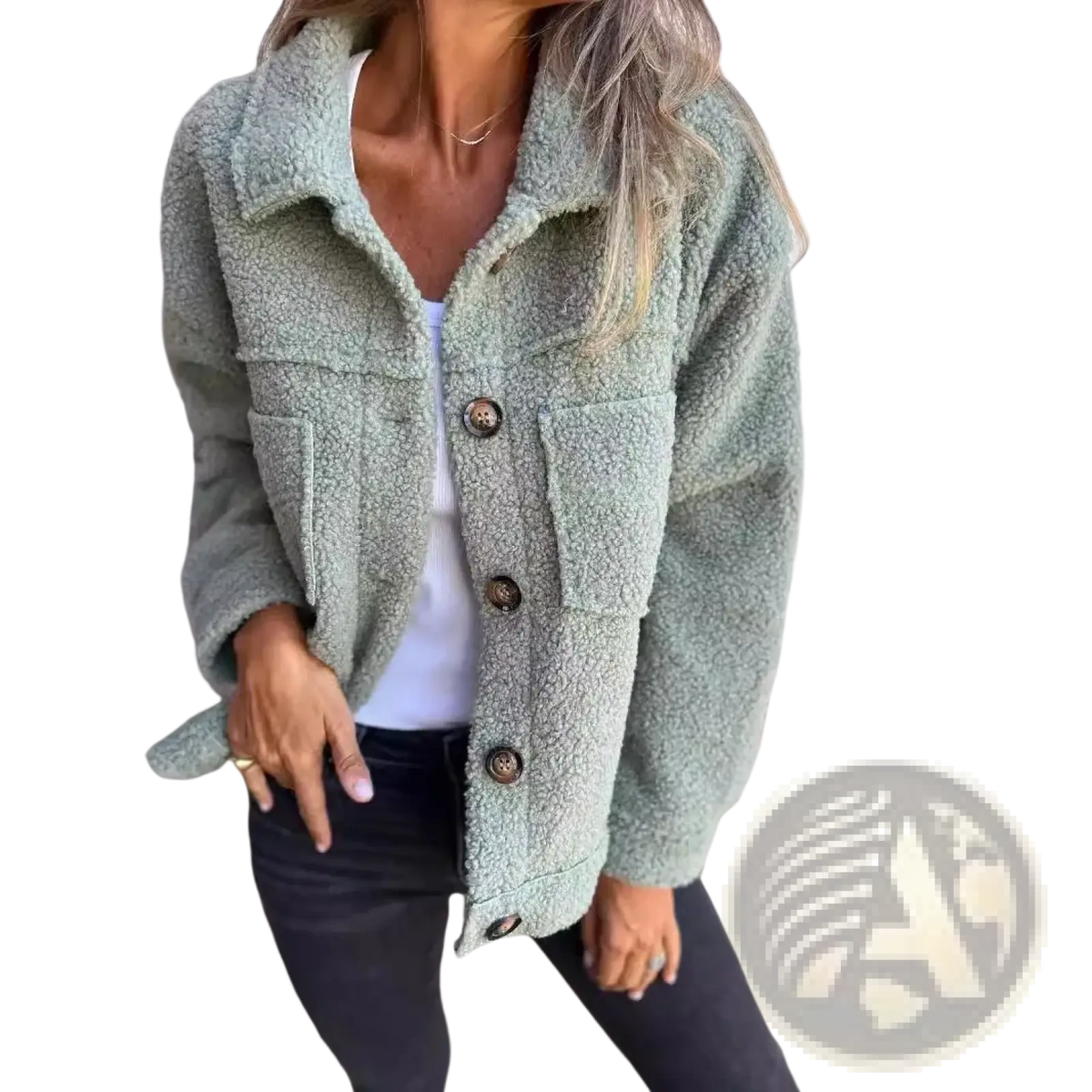 A soft mint-green fuzzy teddy coat for women with cozy fleece texture and dark brown buttons winter warm jacket