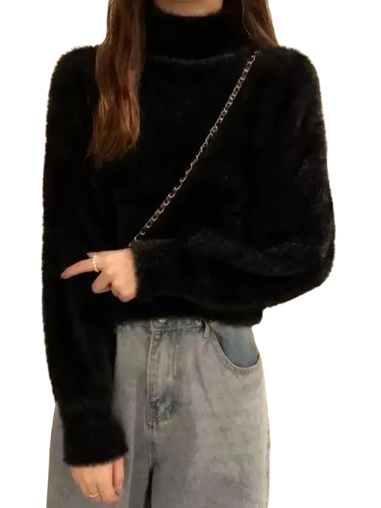 Black fuzzy turtleneck sweater with long sleeves made of warm knit material for women winter wear