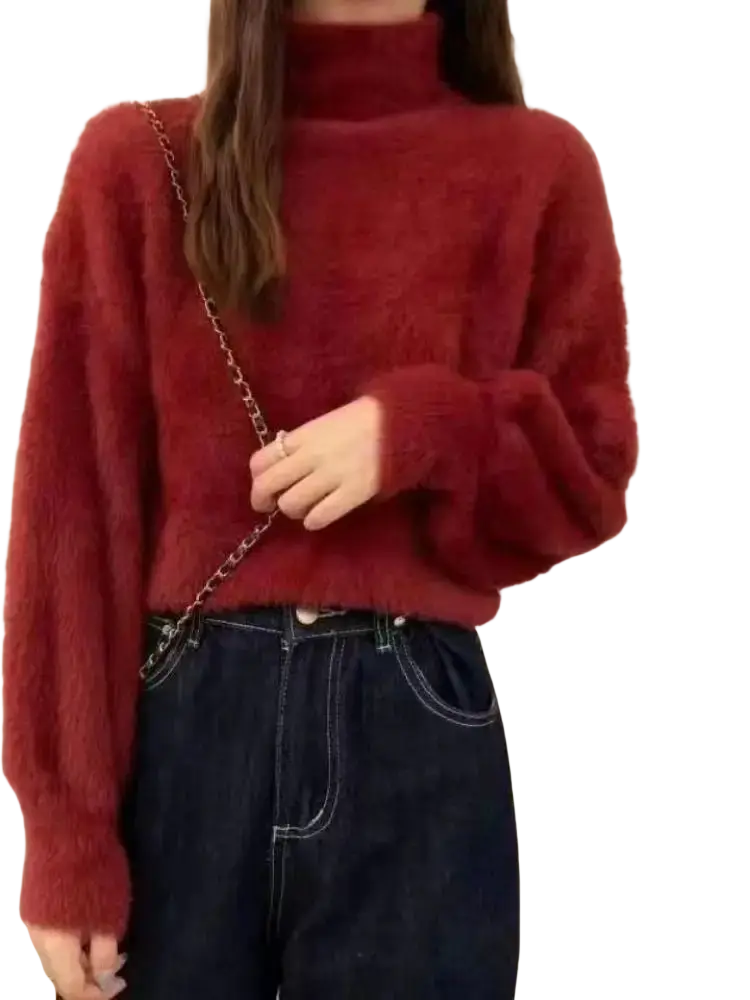 A cozy deep red fuzzy turtleneck sweater for women with long sleeves and a soft plush texture for winter warmth