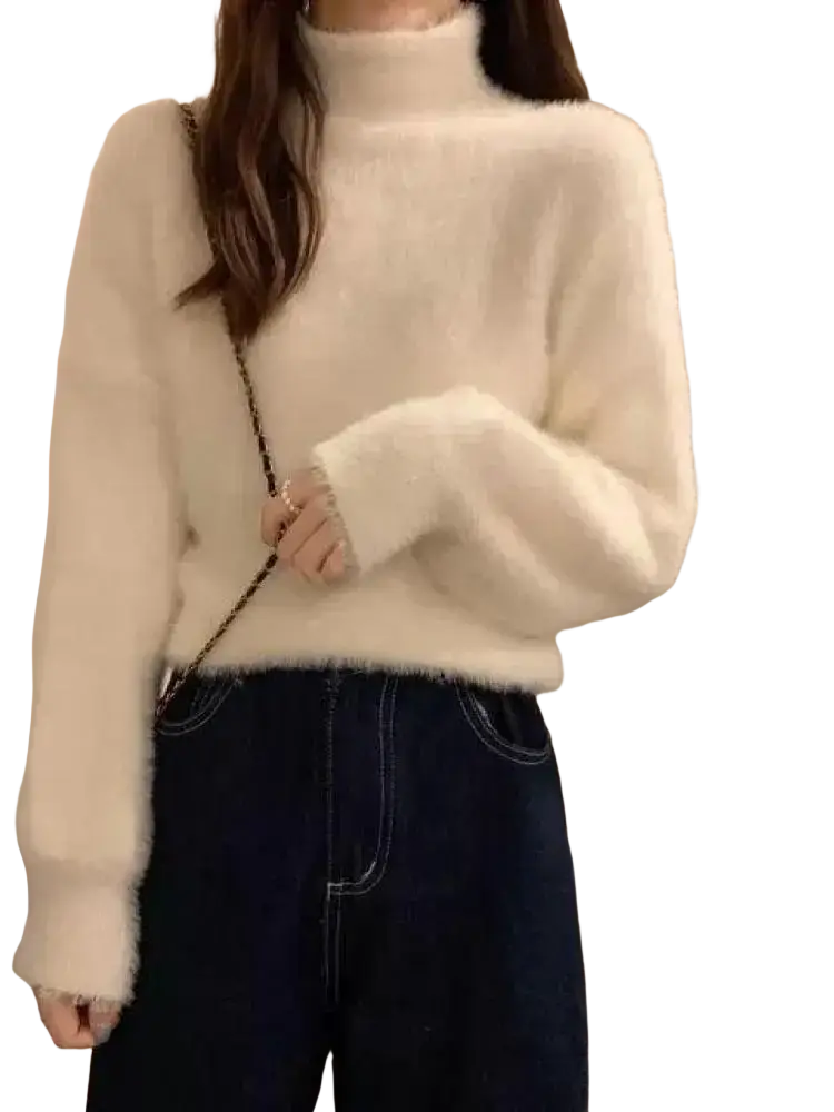 Cream-colored fluffy turtleneck sweater with long sleeves women winter warm knit top front view