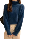 A plush deep blue fuzzy turtleneck sweater with long sleeves for women winter warm knit top