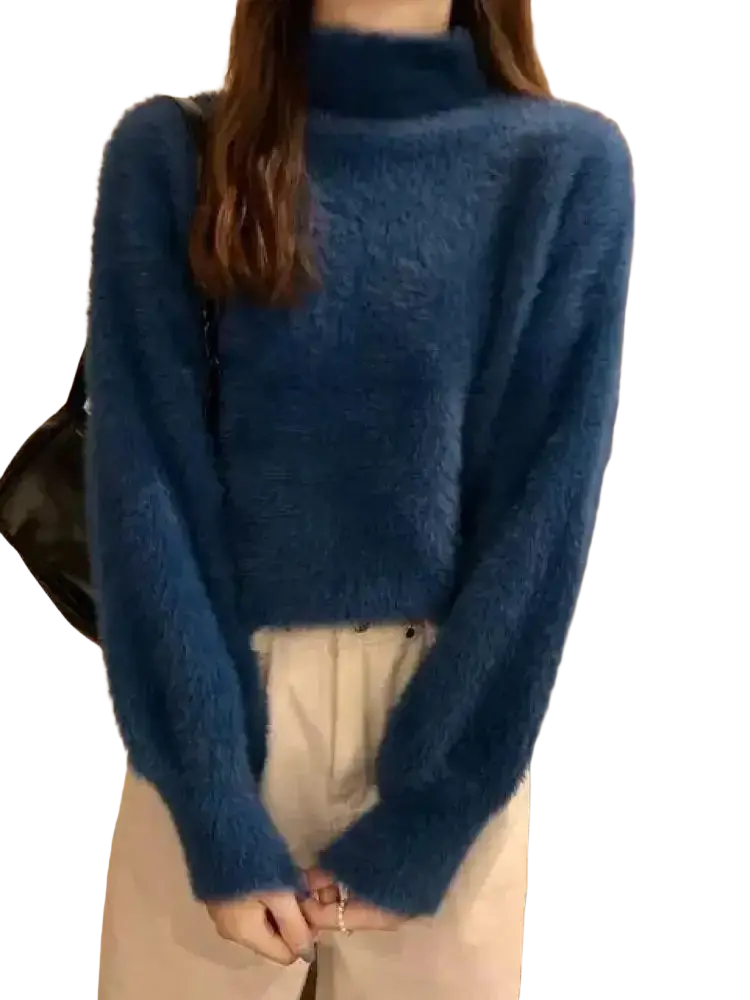 A plush deep blue fuzzy turtleneck sweater with long sleeves for women winter warm knit top