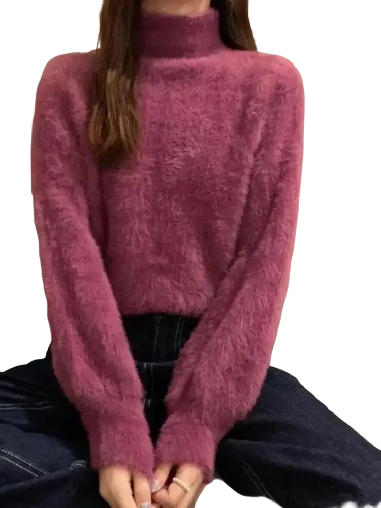 A plush dusty rose fuzzy turtleneck sweater for women with long sleeves ideal for winter warmth and softness