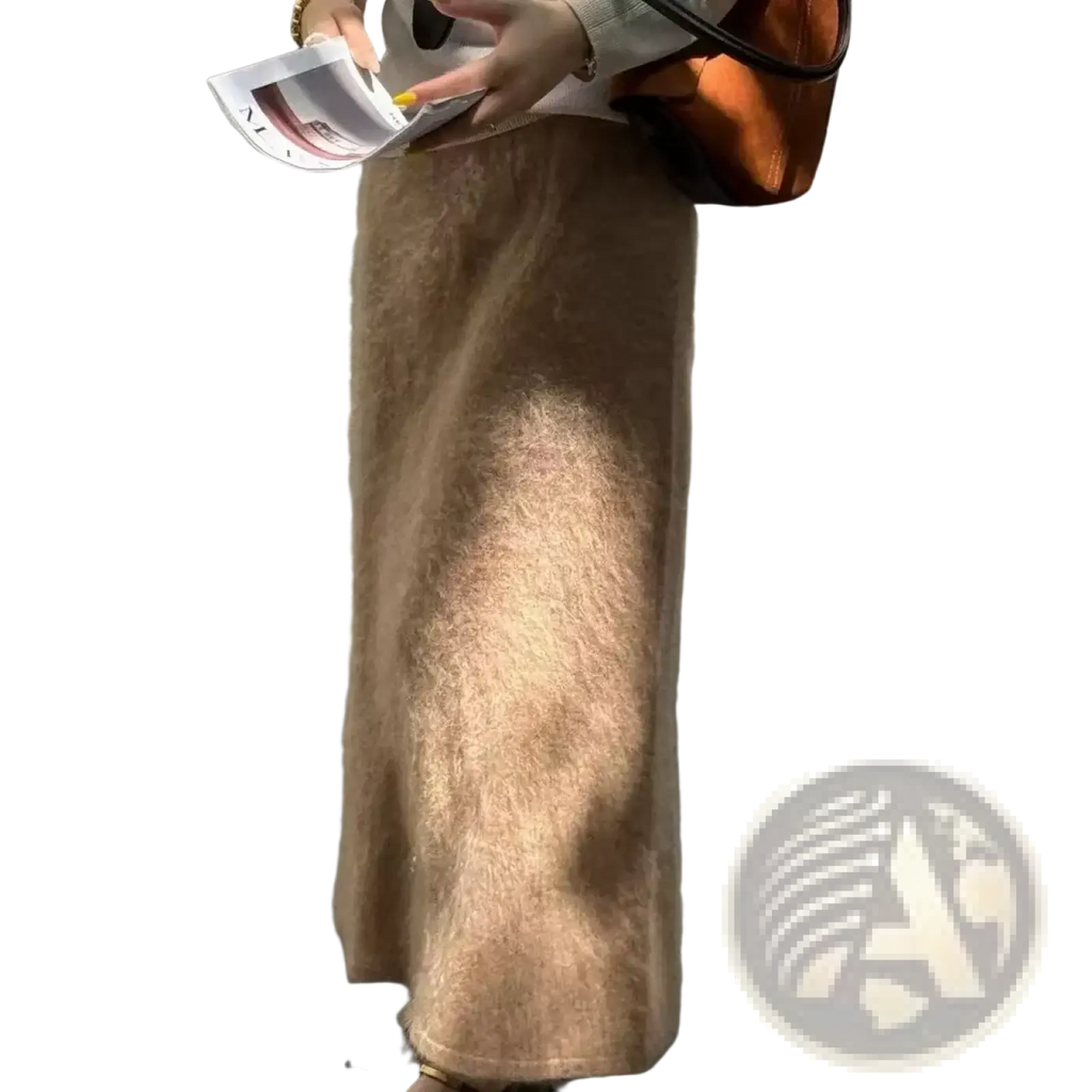 A long soft tan faux fur fuzzy wool maxi skirt with plush texture and straight cut
