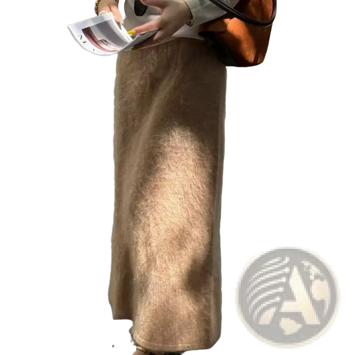 A long soft tan faux fur fuzzy wool maxi skirt with plush texture and straight cut