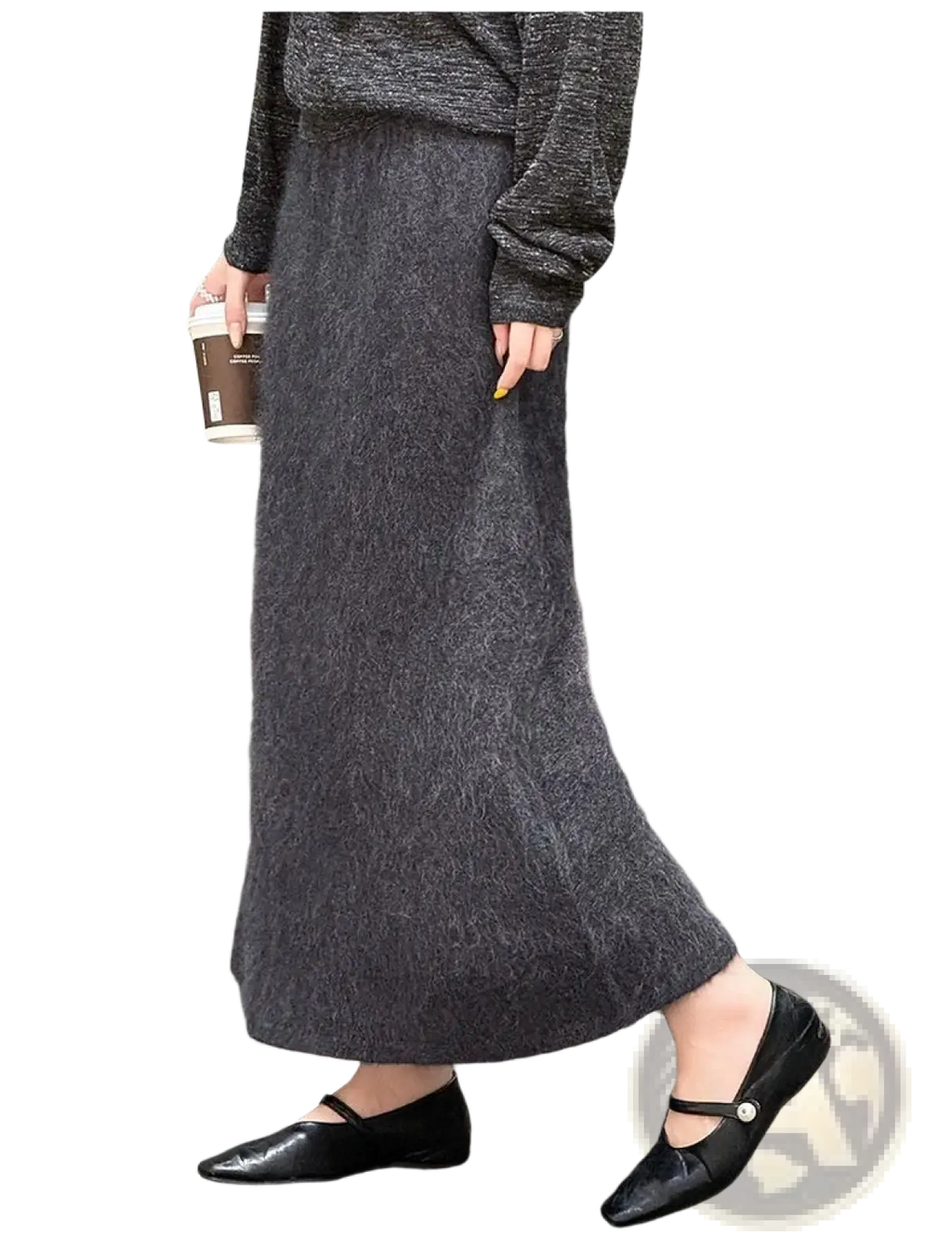 A dark gray fuzzy wool maxi skirt with a soft textured surface made from knit material