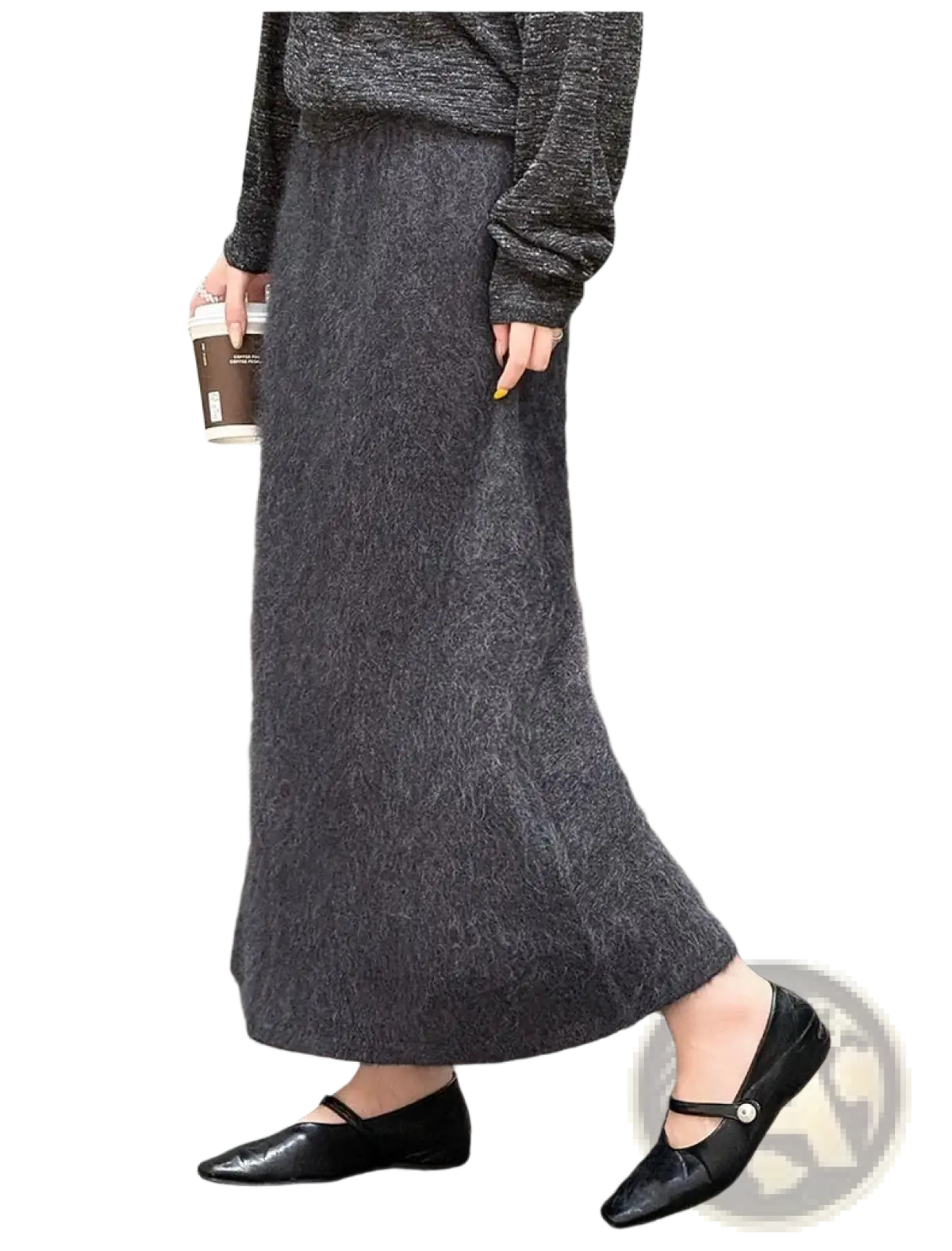 A dark gray fuzzy wool maxi skirt with a soft textured surface made from knit material