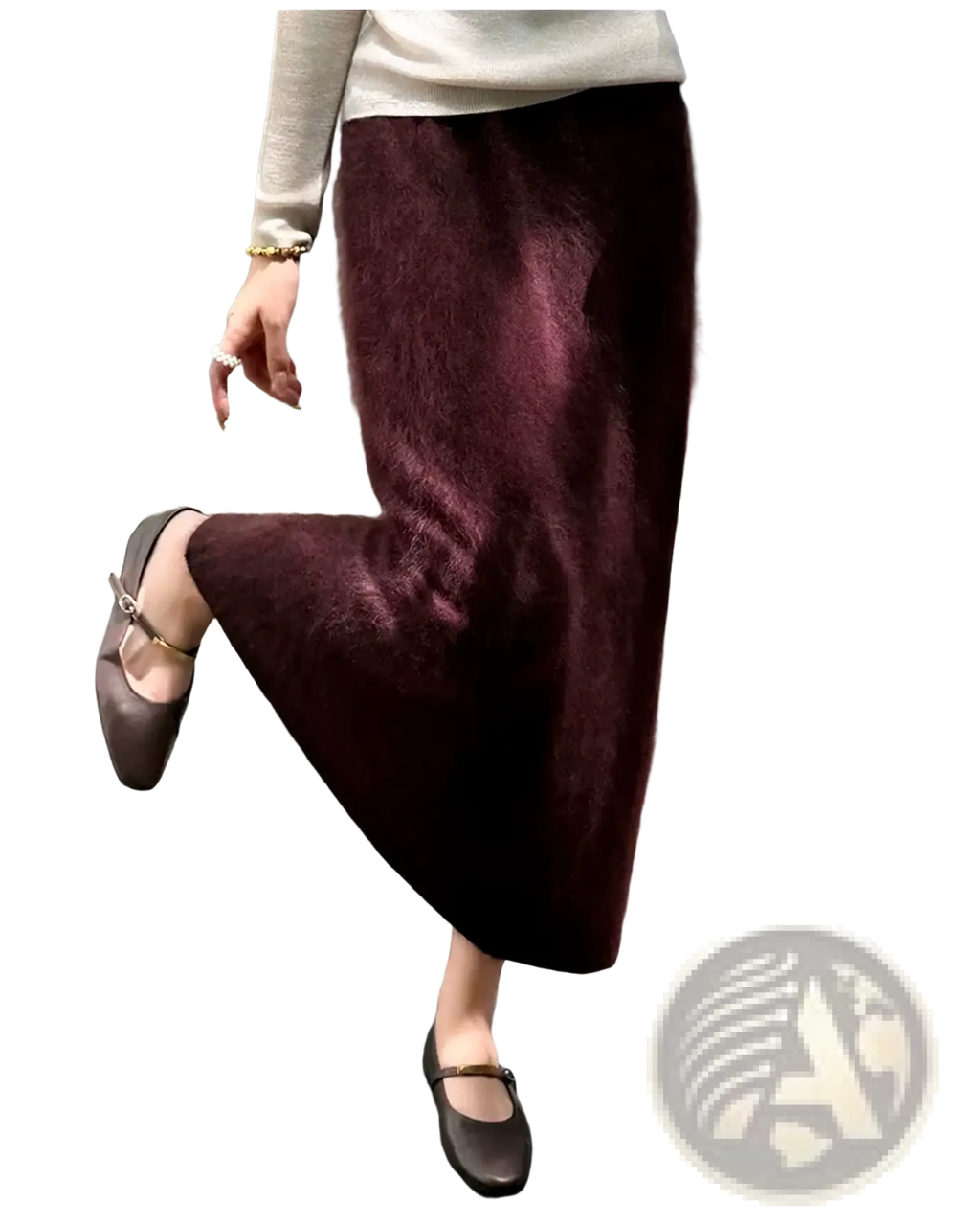 A plush deep burgundy fuzzy wool midi skirt with mink-like soft texture and flowing silhouette