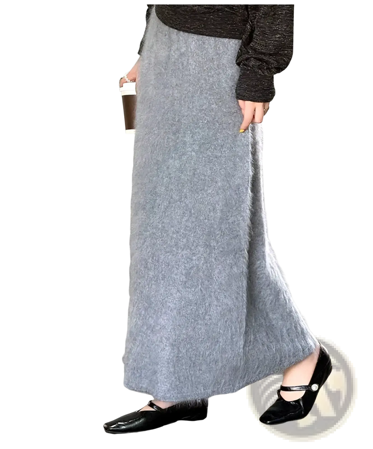 A soft gray fuzzy wool maxi skirt with a flowing silhouette made from knit material