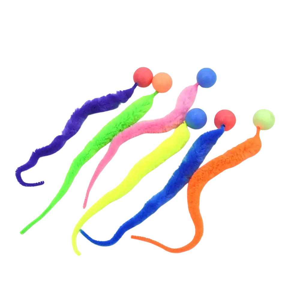 Brightly colored fuzzy pipe cleaner worm cat toy with bouncy balls made of soft material for pet play