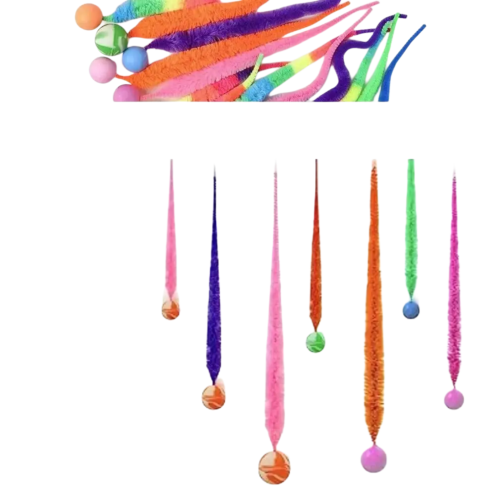 Colorful fuzzy worm cat toys made of soft material with bouncy balls at the ends for playful cats