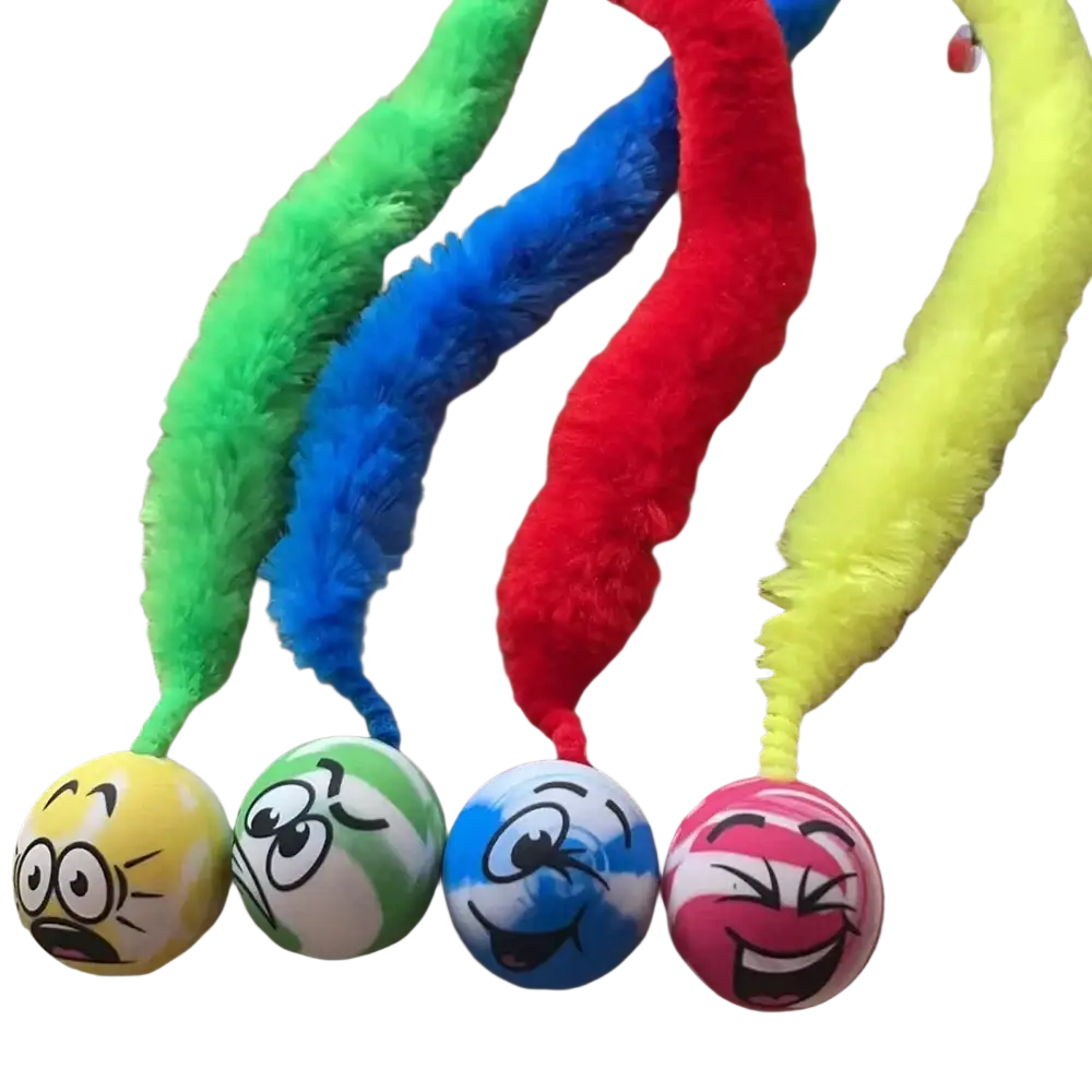 Four colorful fuzzy pipe cleaner cat toys with bouncy plastic balls and cartoon emoji faces for playful pets