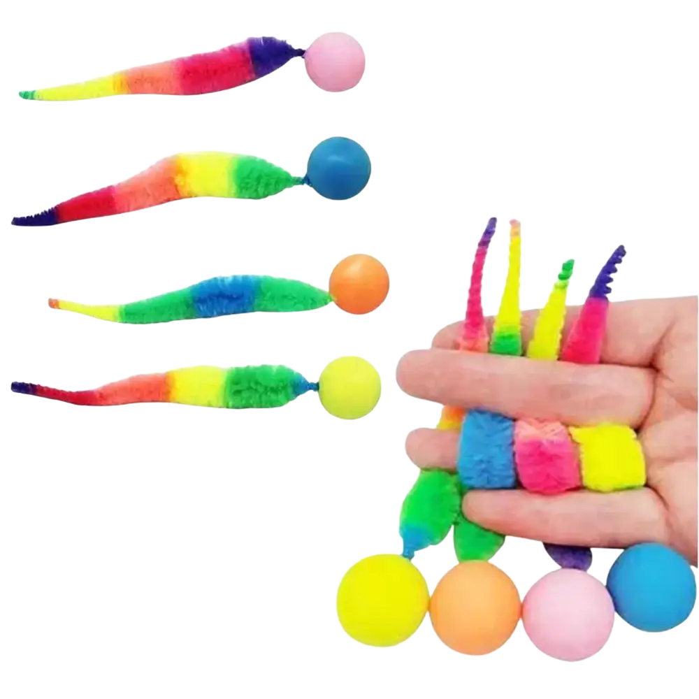 Fuzzy worm cat toy featuring rainbow-colored plush caterpillars with soft textures and colorful bouncy balls at ends