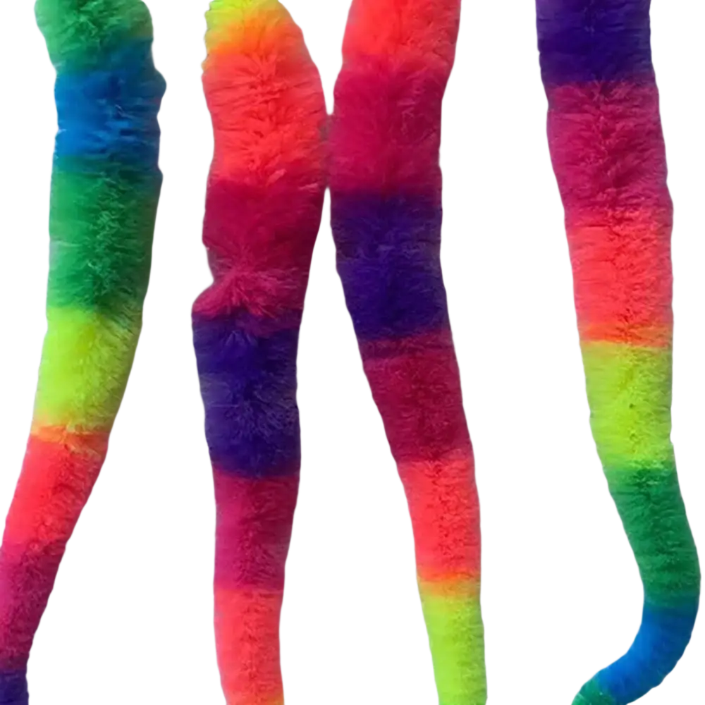 Fuzzy worm cat toy featuring rainbow-colored fuzzy pipe cleaners with vibrant neon gradient stripes and a bouncy ball