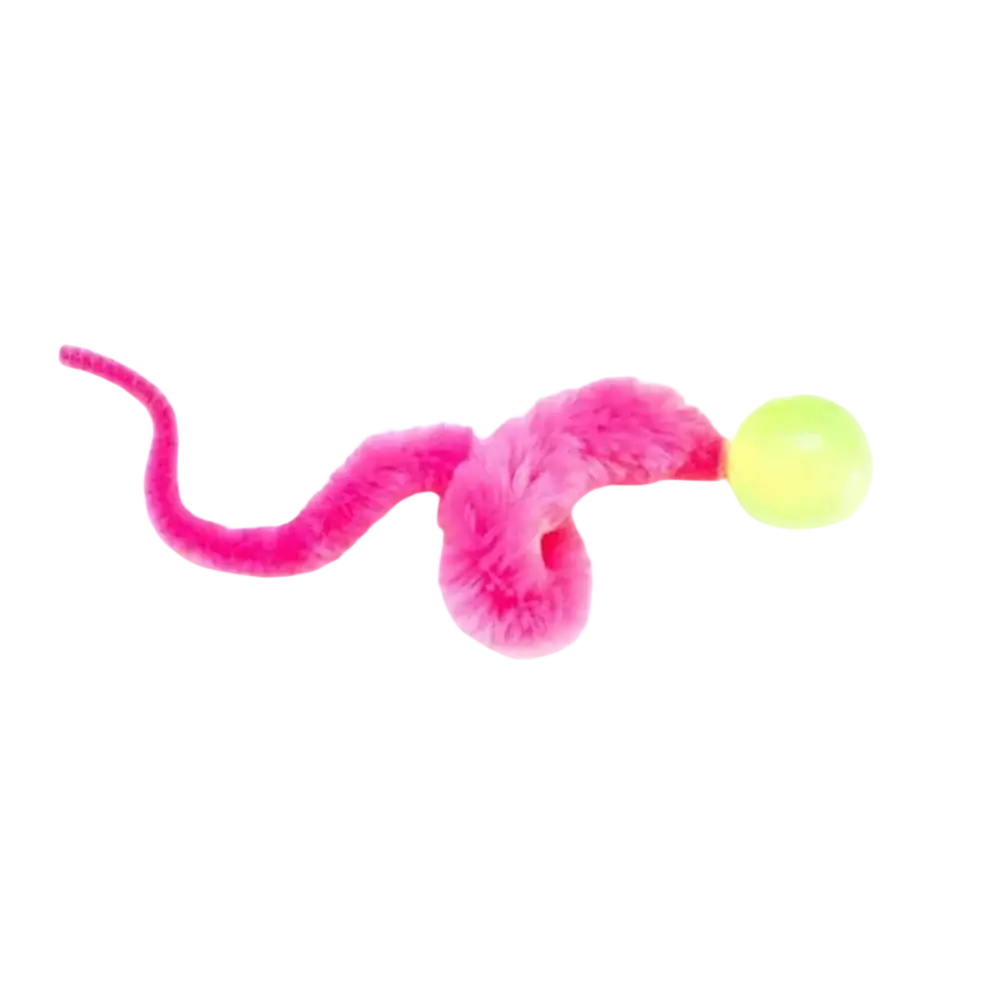 A vibrant pink fuzzy pipe cleaner worm cat toy featuring a glowing yellow bouncy ball at its head